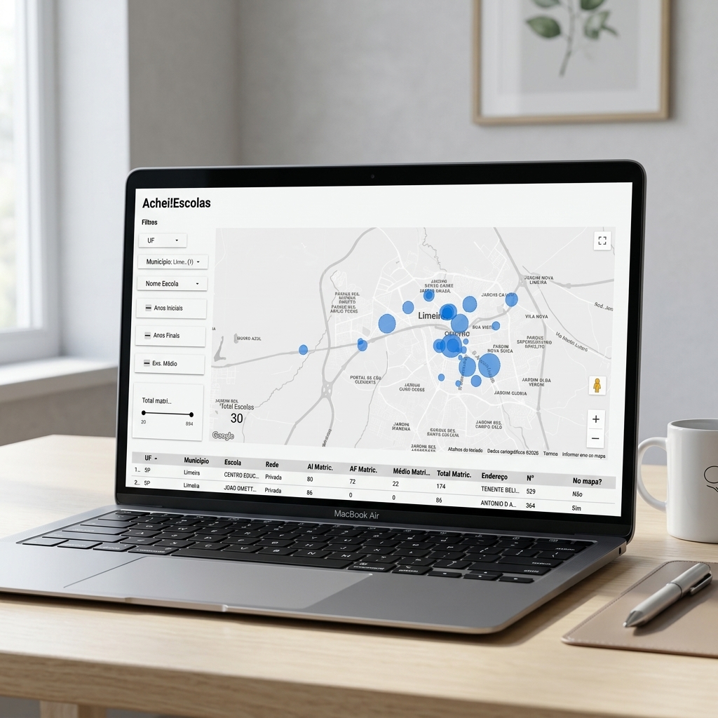 Painel do AcheiEscola listando centenas de colégios no MacBook
